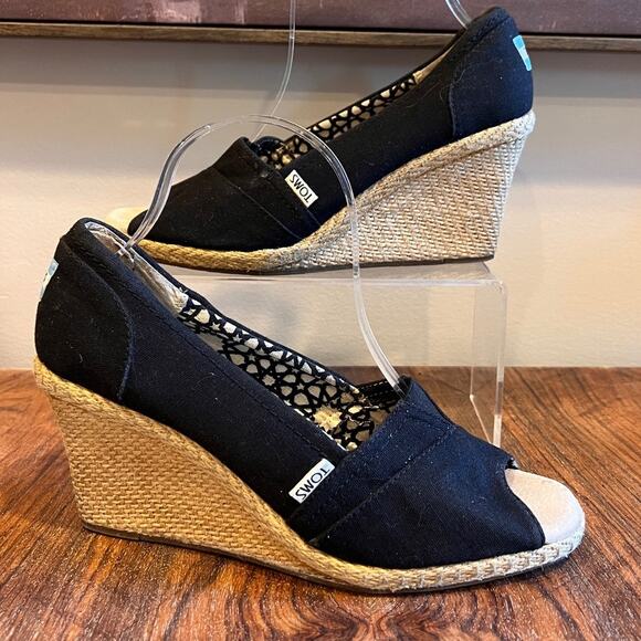 TOMS Black Canvas Peep Toe Espadrille Wedge Heels Women's Shoes - Picture 3 of 10